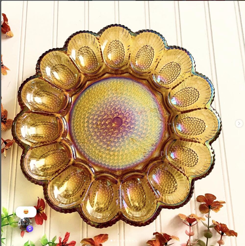 Vintage Indiana Glass Deviled Egg Tray Dish Iridescent Carnival Amber Hobnail
